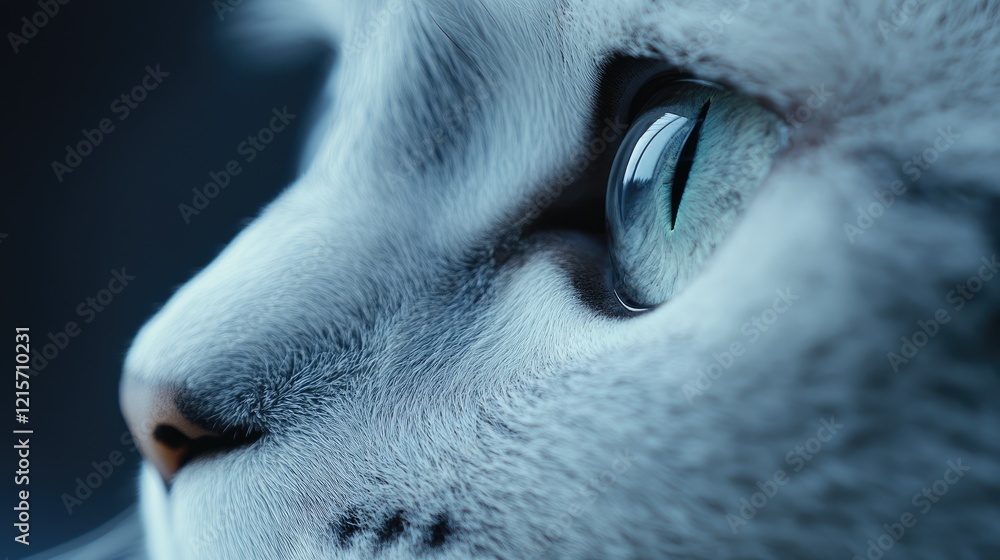 Poster close-up of a cat's eye with detailed fur texture and reflection in the iris on a dark background wi