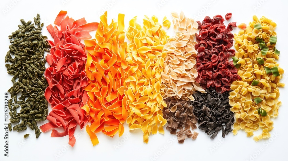 Poster assorted colorful pasta varieties arranged neatly on a white background showcasing different shapes 
