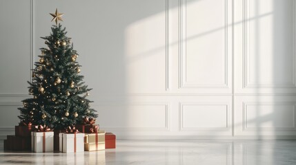 Christmas tree decorated with lights and ornaments beside wrapped presents in modern interior with empty wall and natural light Copy Space