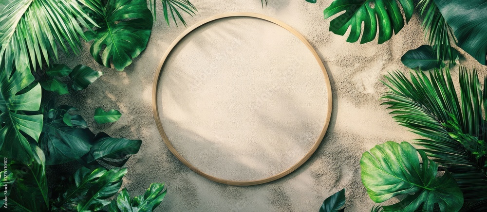 Poster tropical leaves background with empty circular frame on sandy texture copy space for text or design 
