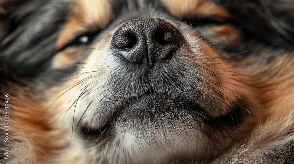 Poster close-up of a sleeping dog face with soft fur details and relaxed expression on a textured surface c