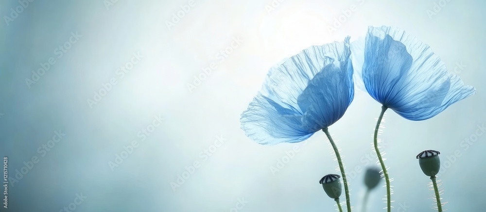 Poster blue poppy flowers on a soft blurred background with copy space for text insertion.