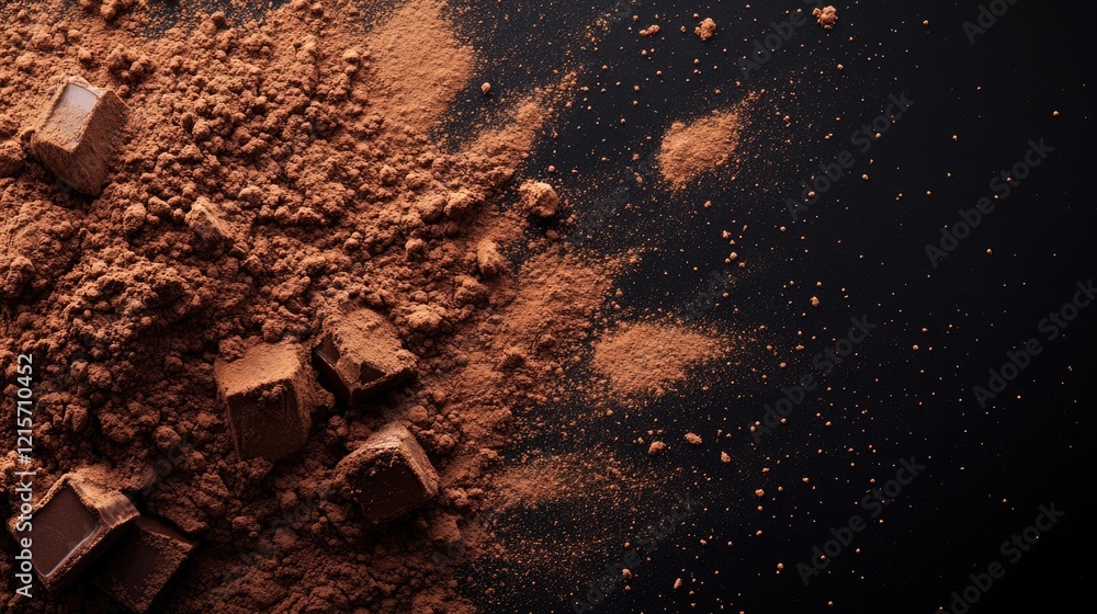 Poster cocoa powder and chocolate squares on dark background with scattered cocoa dust and copy space for t