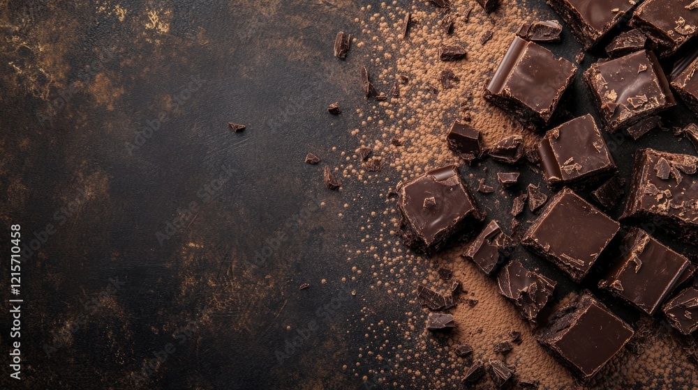 Poster dark chocolate pieces and cocoa powder on a textured dark background with copy space for text placem