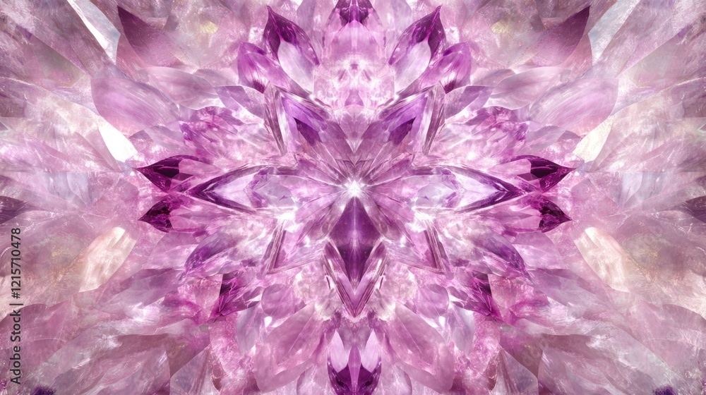 Poster purple crystal abstract background with symmetrical pattern and texture, featuring shades of pink an
