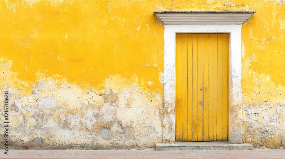Poster weathered yellow door with peeling paint set against a vibrant wall creating a rustic backdrop ideal