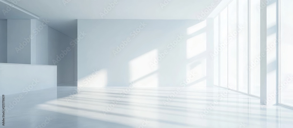 Aufkleber modern minimalist interior with large windows casting light shadows on a white wall and floor with a