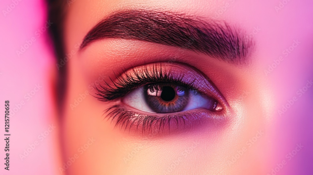 Poster close-up of a female eye showcasing detailed eyelashes and brow with colorful lighting effects and c