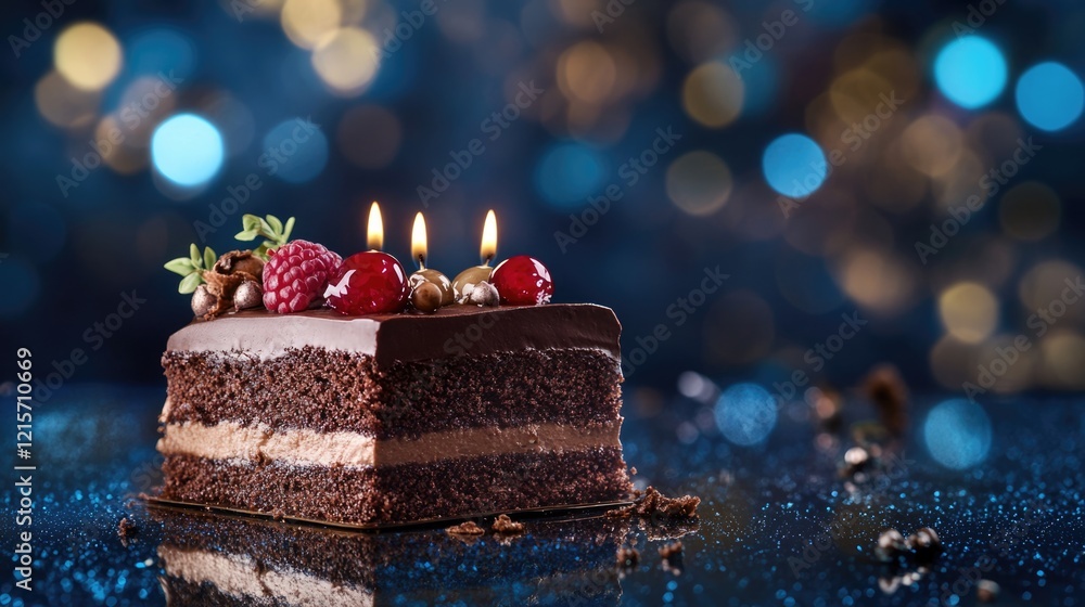 Poster chocolate cake slice with candles topped with raspberries and decorative elements on a reflective su