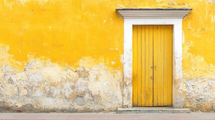 Weathered yellow door with peeling paint set against a vibrant wall creating a rustic backdrop ideal for text and design placement.