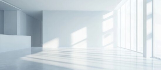 Fototapeta premium Modern minimalist interior with large windows casting light shadows on a white wall and floor with ample Copy Space for text placement.