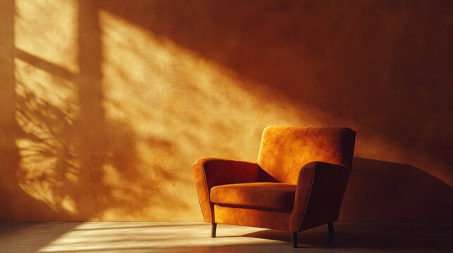 Elegant African inspired armchair bathed in warm light against a textured wall with ample space for text or creative content placement