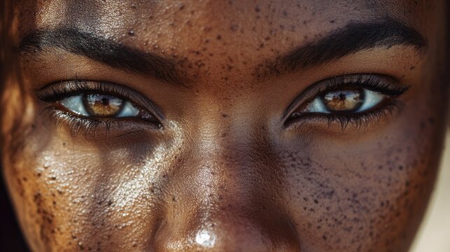 Afrocentric individual with freckles showcasing striking eyes and skin texture with ample copyspace for text or branding elements