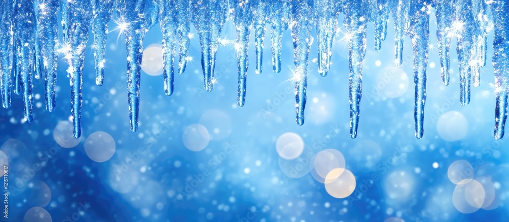 Poster icicles hanging from above with a blurred blue background and bokeh effect creating a winter atmosph