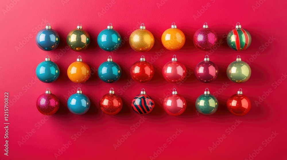 Poster brightly colored christmas ornaments arranged in a grid pattern on a vibrant pink background with co