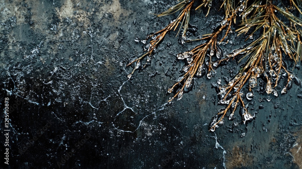 Poster pine branch with water droplets on textured surface capturing nature's beauty and freshness with emp