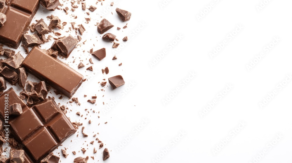 Poster chocolate bars and shavings on white background with copy space for text or design elements
