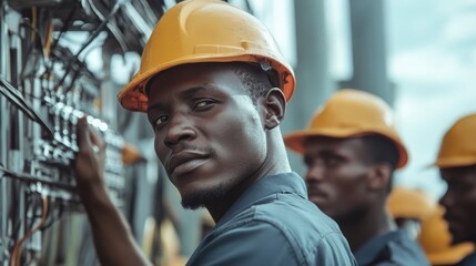 African engineering team in hard hats performing electrical maintenance with copyspace for text placement in a dynamic work environment