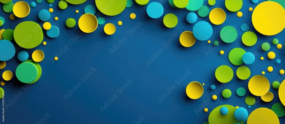 Poster colorful paper circles on a blue background with copy space for text or graphics