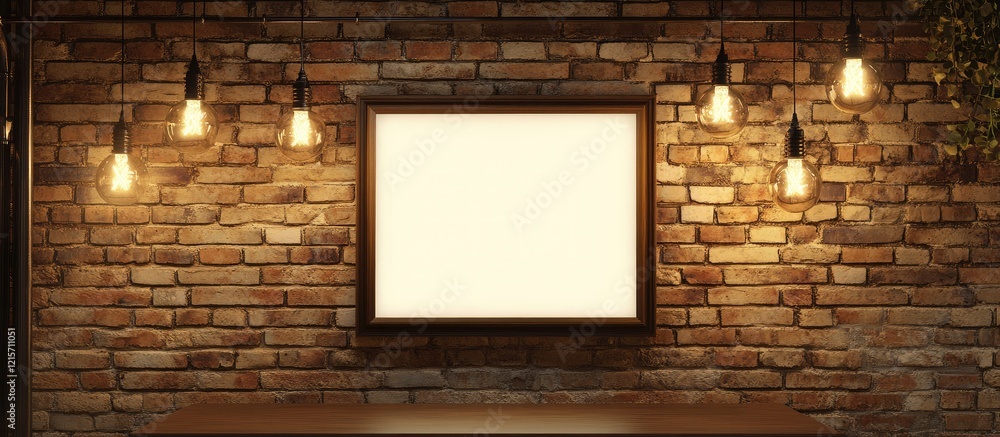 Poster minimalist workspace with brick wall pendant lights and empty art frame ideal for text placement or 