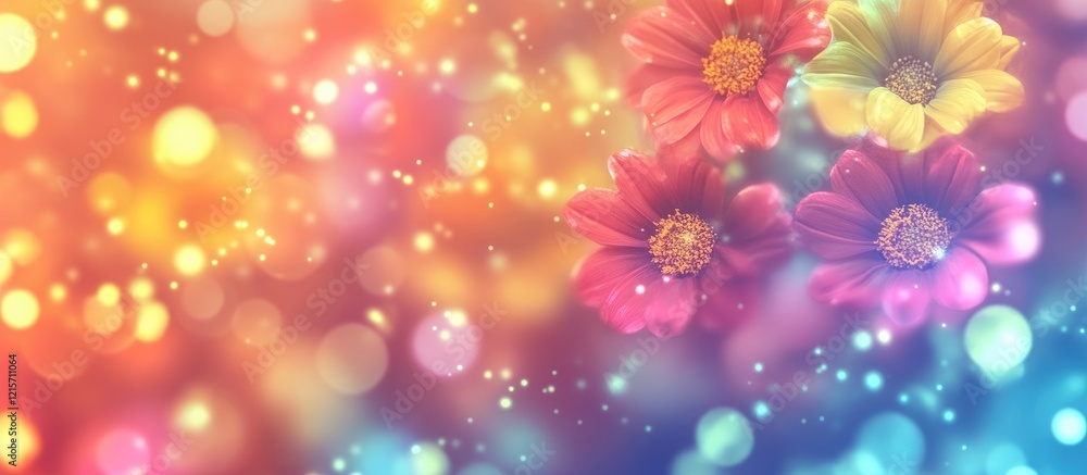 Poster colorful floral background with bokeh effect and soft focus copy space for text or graphic overlay