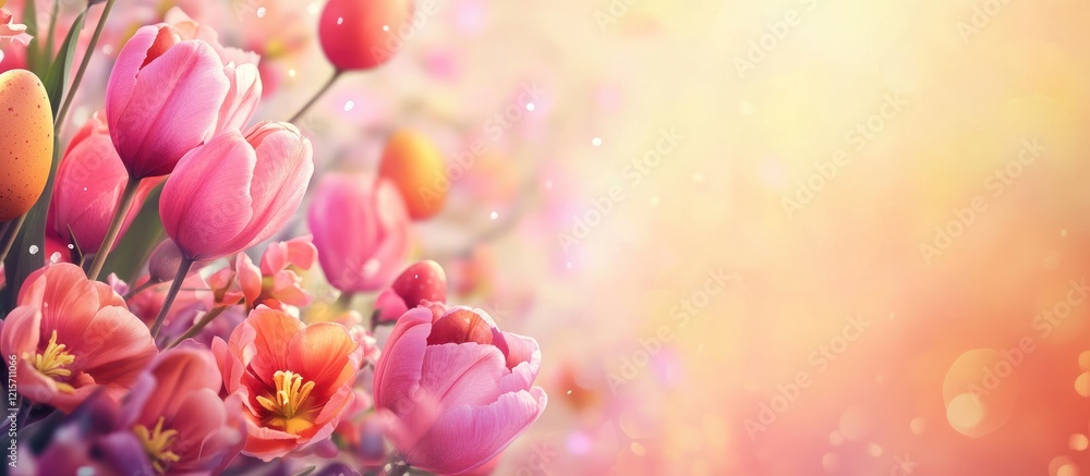 Poster colorful blooming spring tulips with soft background bokeh and warm lighting providing ample copy sp
