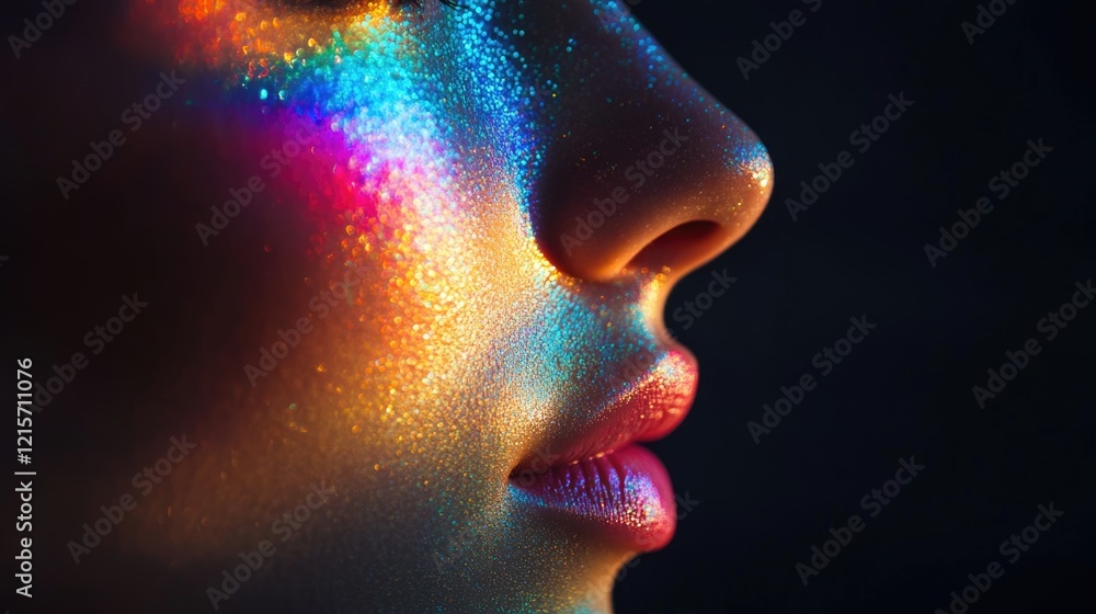 Poster close-up of a human face with colorful glitter and iridescent reflections creating a vibrant effect 