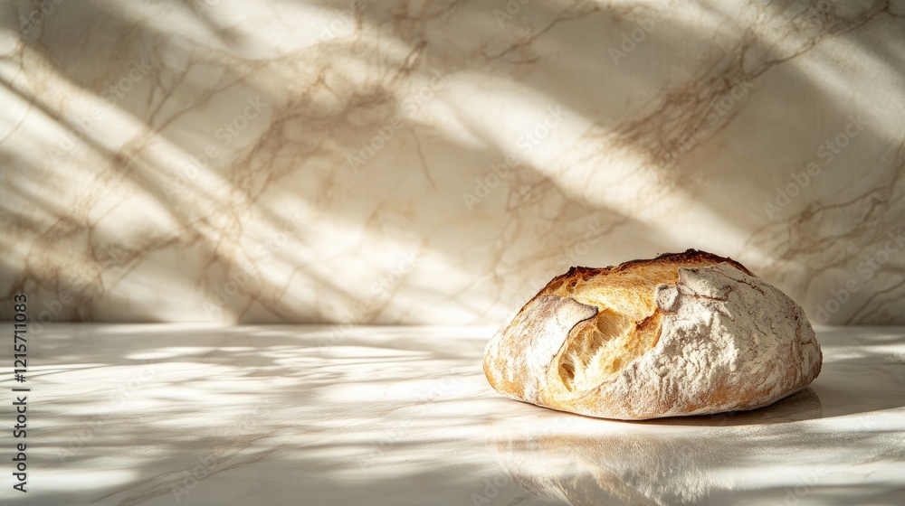 Poster freshly baked artisan bread on a marble table with soft shadows creating a moody atmosphere and ampl