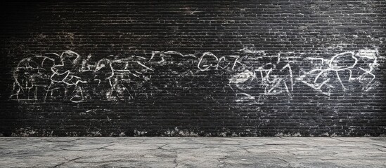 Desolate black brick wall with white graffiti showcasing a dilapidated urban feel and ample empty space for text or graphic overlay