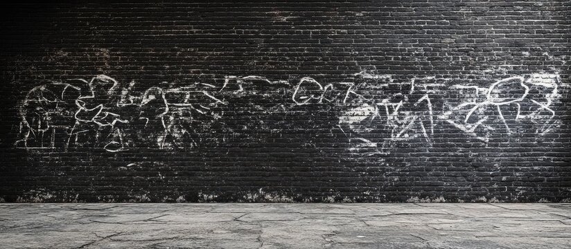 Desolate black brick wall with white graffiti showcasing a dilapidated urban feel and ample empty space for text or graphic overlay