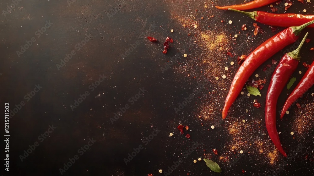 Poster chili peppers and spices on dark textured background with copy space for text placement