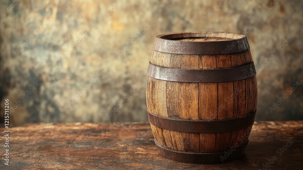 Poster wooden barrel in a rustic cellar representing aged liquor with empty space for text in wine distilla