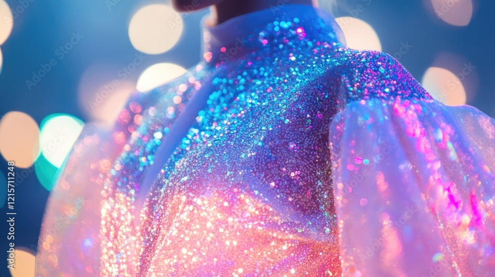 Poster shimmering holographic fabric with iridescent sequins and vibrant bokeh background copy space