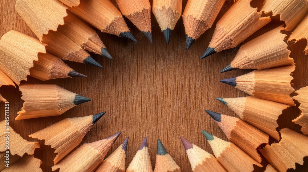 Poster neatly arranged colored pencil tips in circular formation on wooden surface creating a vibrant frame