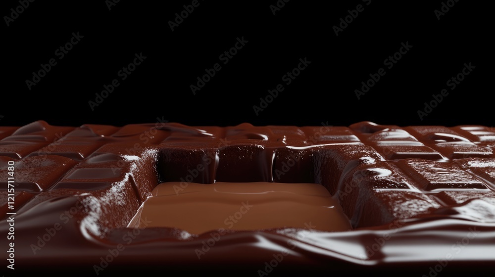 Poster chocolate bar with melted chocolate showing texture and shiny surface on a black background copy spa