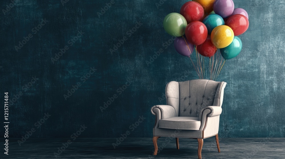 Poster empty chair with colorful balloons in a serene setting perfect for text placement and celebration th
