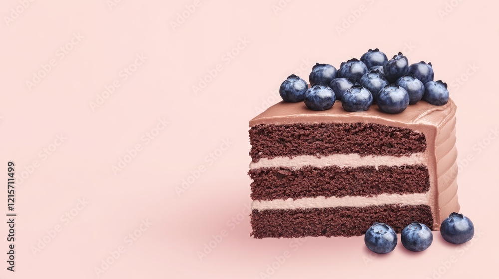 Poster chocolate cake slice with layers and blueberries on top against a pink background with copy space.