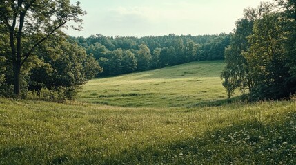 Fototapeta premium Panoramic view of lush green meadows and trees in a serene summer landscape showcasing rural tranquility and natural beauty.