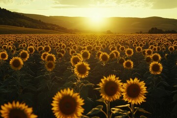 Fototapeta premium Sunset Sunflower Field Landscape Golden Hour Photography