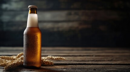 Chilled beer bottle with condensation on wooden surface decorated with wheat ears and dark background Copy Space