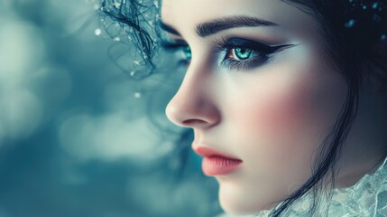 Fototapeta premium Ethereal airbrush makeup portrait highlighting a futuristic look with ample space for text placement and creative design possibilities
