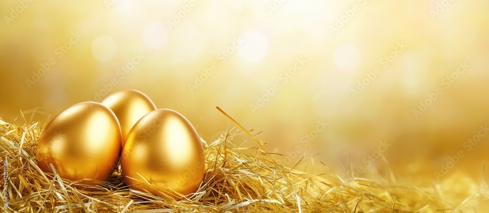 Poster golden eggs in a nest on straw with a soft golden bokeh background and ample copy space for text pla