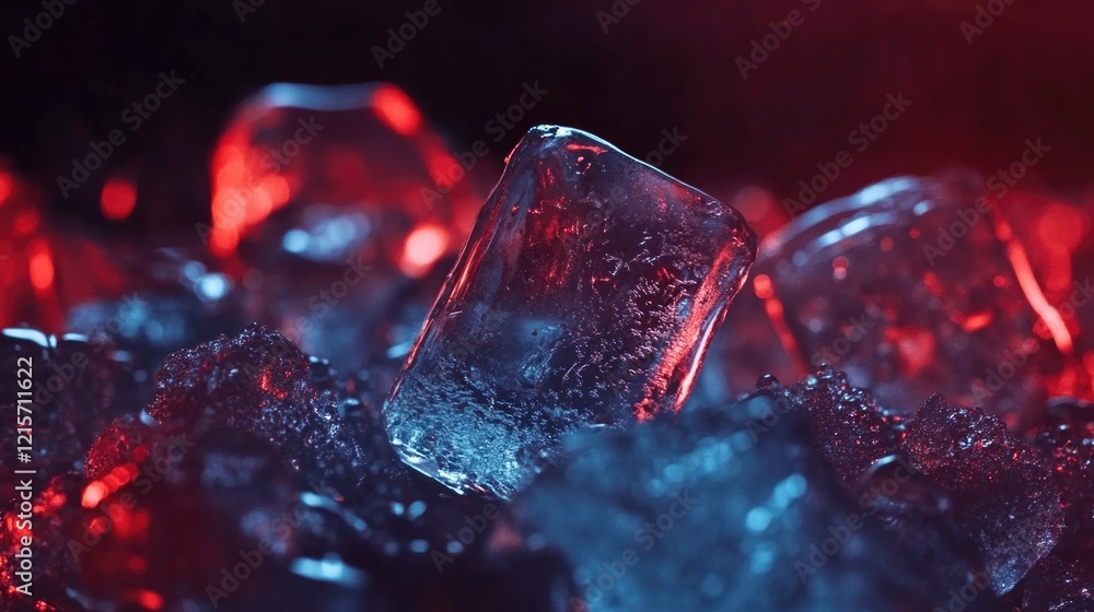 Poster ice cubes with red and blue lighting on a dark background showing textures and condensation with cop