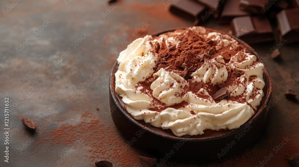 Poster chocolate tart topped with whipped cream and cocoa powder on a textured background with chocolate pi