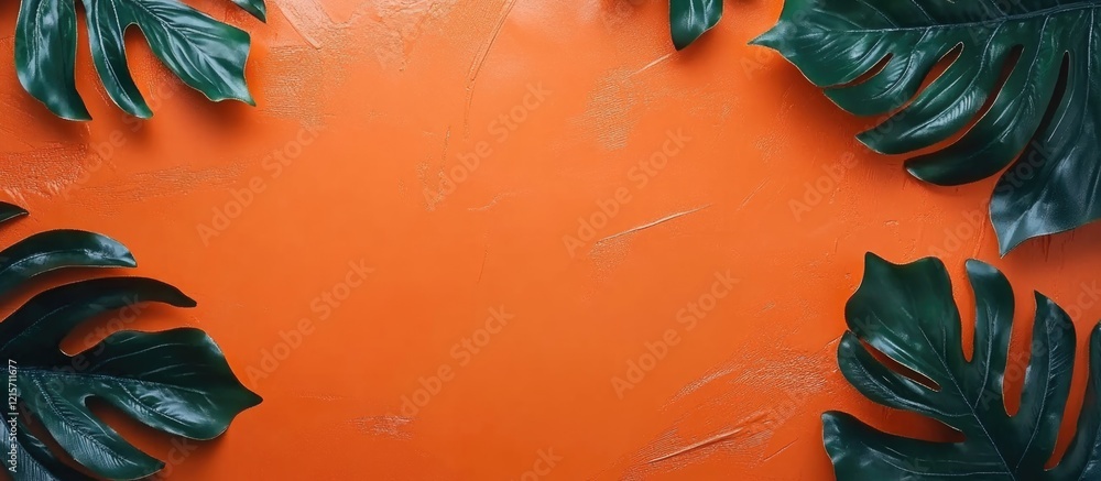 Aufkleber tropical leaves on vibrant orange background with ample copy space for text placement. patterned fla