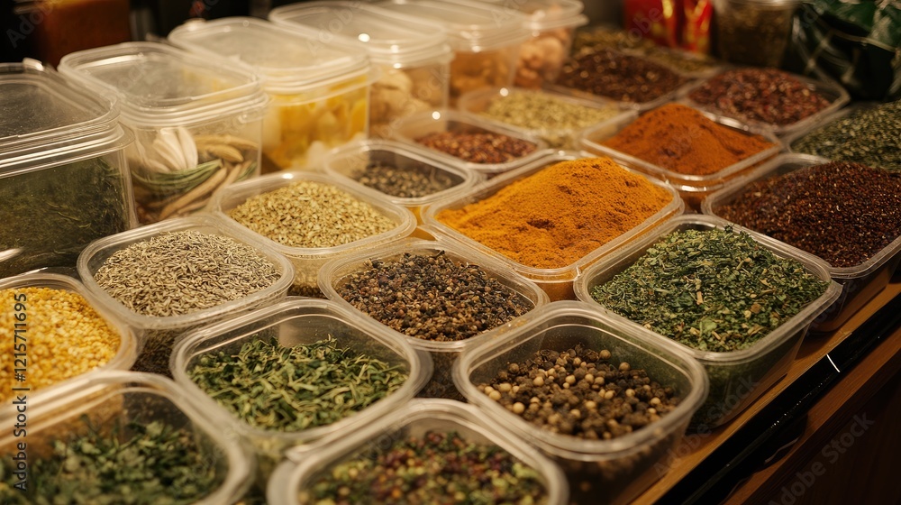 Poster assorted spices and herbs in clear containers on display for culinary use and flavor enhancement