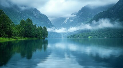 Naklejka premium Misty mountain lake, serene landscape, calm water, reflection, travel postcard