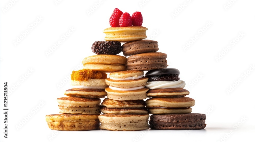 Poster assorted pancake stack with toppings in a pyramid shape on white background showcasing culinary crea