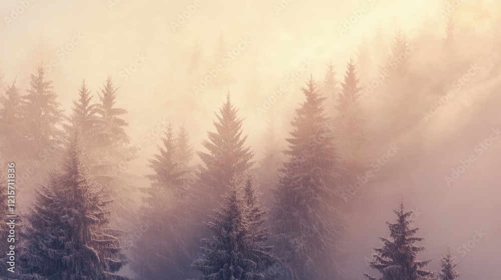 Poster foggy winter forest scenery with evergreen trees and soft light creating a tranquil atmosphere copy 