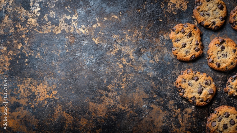 Poster freshly baked chocolate chip cookies on a rustic dark background with copy space for text placement.